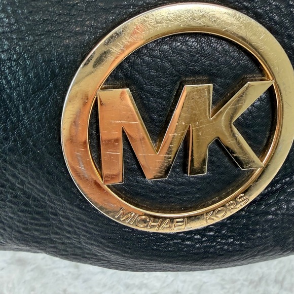 Michael Kors Fulton Black Leather Hobo Shoulder Bag Gold MK Logo - Picture 6 of 16